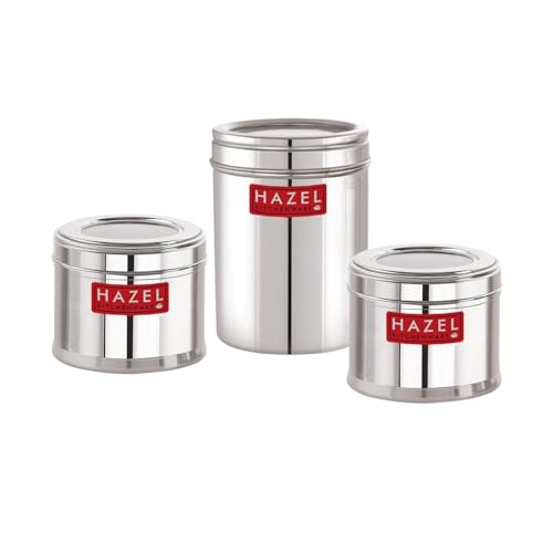 Image of HAZEL Stainless Steel Kitchen Containers Set of 3 | Top See Through Stainless Steel Airtight Masala Box for Kitchen Storage with Airtight Lid, Silver