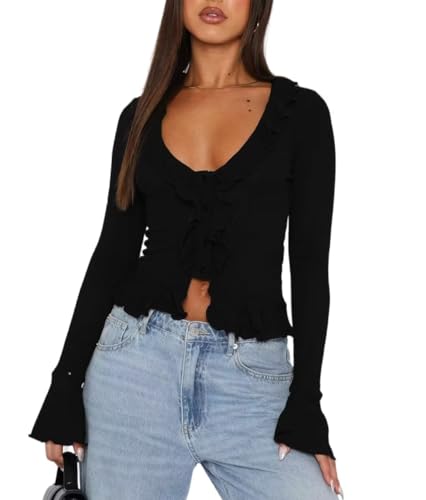 Women's Deep V Neck Long Bell Sleeve Button Down Ruffle Crop Shirt Top Blouses