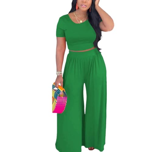 HBQ Two Piece Outfits For Women Casual Sweat Suits Backless Short Sleeve Crop Tops Wide Leg Pants Lounge Sets Tracksuit-Green-M