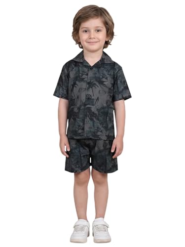 Image of POLKA TOTS Cotton Boys Summer T-shirts and Shorts Combo Set | Premium Printed Shirt & Shorts Combo | Relaxed Fit | Summer Toddler Outfit for Kids | Co-Ord Set For Boys | Tropical Print | Black 3-4 Y