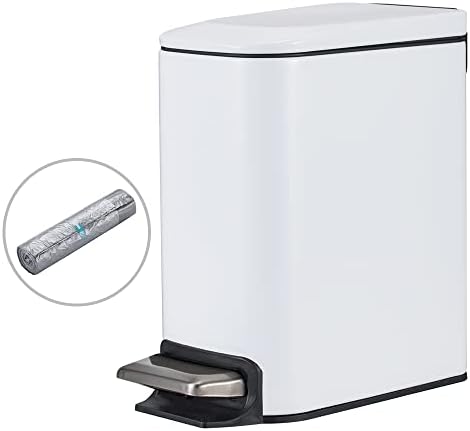 Siapapla Small Bathroom Trash Can with Lid,Step Pedal Stainless Steel Garbage Can,Slim and Narrow Rectangular Trash Bin,Inner Bucket for Bedroom,Kitchen,Office,1.6 Gal/6L,White