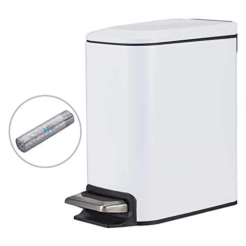 Siapapla Small Bathroom Trash Can With Lid,Step Pedal Stainless Steel Garbage Can,Slim And Narrow Rectangular Trash Bin,Inner Bucket For Bedroom,Kitchen,Office,1.6 Gal/6L,White #TOP19