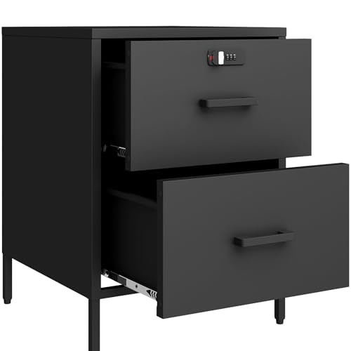 Steehoom Metal Nightstand,2 Drawer End Side Table Lockable Modern Locker Storage Cabinet for Living Room, Bedroom, Dorm, 21.26”H X 15.75”W X 15.75”D (2 Drawer, Black)
