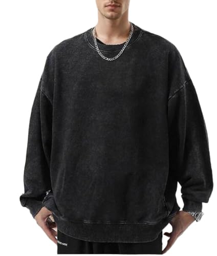 Mi Bo Tong Vintage Oversized Crewneck Sweatshirt for Men Trendy Streetwear Unisex Long Sleeves Acid Wash Tshirt