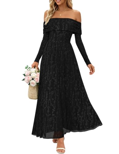 ZESICA Womens 2026 Fall Floral Off the Shoulder Maxi Dresses Black S