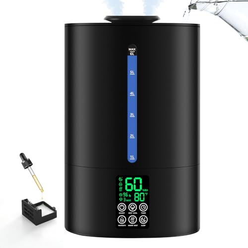 6L Humidifiers for Bedroom Large Room Home, Cool and Warm Humidifier for Plants Mist Top Fill Desk Humidifier Essential Oil Diffuser, Quiet Humidifiers with Adjustable Mist,360°Nozzle-Black