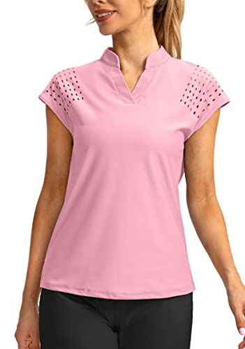 Soothfeel Women's Golf Shirt Cap Sleeve V Neck Polo Shirts Lightweight Quick Dry Workout Tennis Shirts Tops For Women(Pink, X-Large) #TOP4