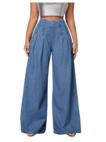 WDIRARA Women's High Waisted Denim Palazzo Pants Pleated Wide Leg Baggy Jeans Pants Dark Wash W28 L32