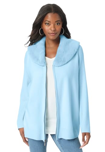 Roaman's Women's Plus Size Faux Fur Collar Cardigan Sweater.