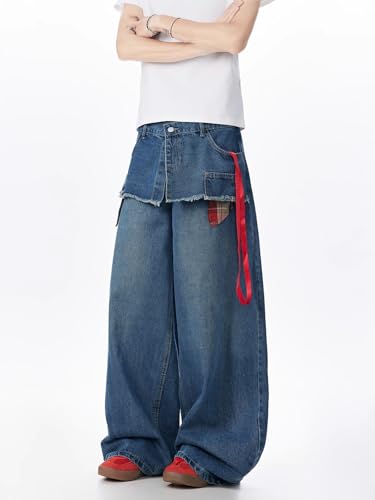 Men's Jeans Summer American Plaid Patchwork Slimming Denim Long Pants for Men3