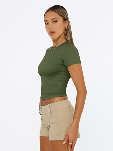 Trendy Queen Womens Short Sleeve T Shirts Summer Crop Tops Basic Slim Fit Gym Workout Y2k Clothes