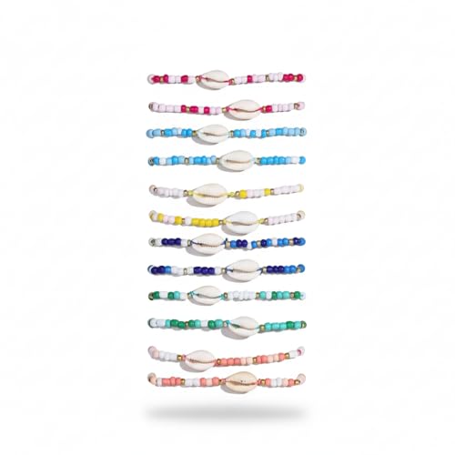 Lot de 12 Bracelets Coquillage Bohème pour Femme - Fait Main en Perles de Verre et Coquillages Naturels, Ajustable, Accessoire Plage Été, Idéal Cadeau, B...