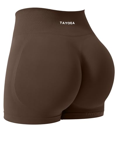 TAYOEA Womens High Waisted Workout Shorts with Tummy Control & Butt Scrunch for Gym Seamless Yoga Shorts Athletic Running Sports Compression Spandex Biker Shorts Brown S