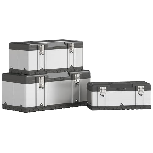 HOMCOM 3 Pieces Tool Box Set, 23"/ 19"/ 16" Powder Coated Stainless Steel Toolbox with Removable Tray, Handles, Latches, Heavy Duty Tool Case Storage for Workshop, Garage