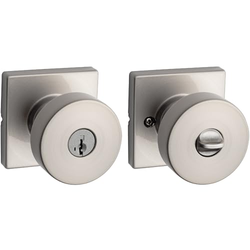 Kwikset Pismo Entry Door Knob with Lock and Key, Secure Keyed Handle Exterior, Front Entrance and Bedroom, Satin Nickel, Pick Resistant SmartKey Rekey Security and Microban