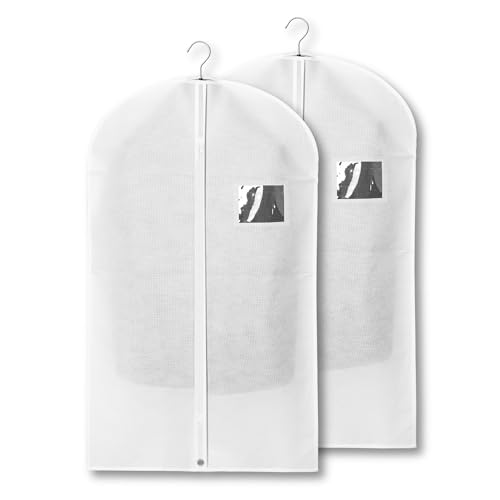 ZARLOO 2-Pack Breathable Garment Bags for Hanging Clothes Dust-Proof Suit & Dress Covers with Clear Window Waterproof Foldable Closet Storage Organizer for Coats Gowns and Jackets (White 40)