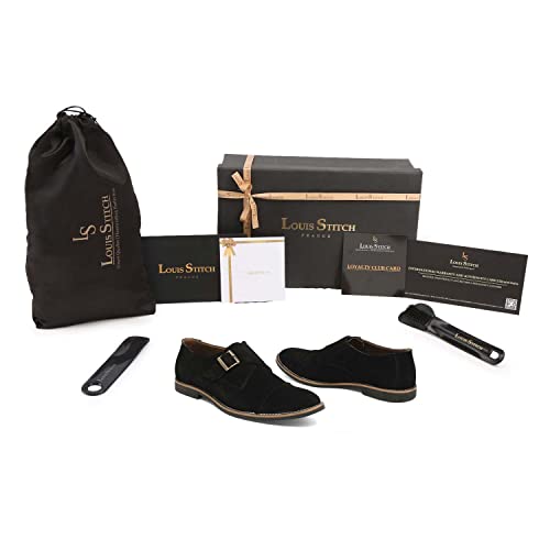 Image of LOUIS STITCH Men's Midnight Black Italian Suede Leather Loafers Casual Single Monk Penny Shoes for Men (Prague-SUSM) - 7 UK