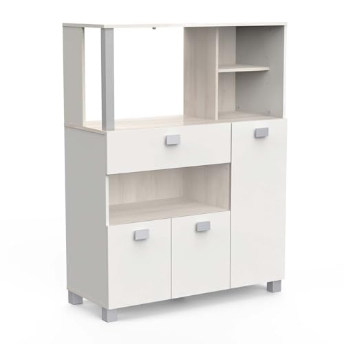 Demeyere Petit Meuble De Rangement Cuisine Résistant A L’Eau et Idéal Micro OndeEn Bois – Coloris Blanc Mat et Chêne Kronberg avec Finitions Gris Laqué...