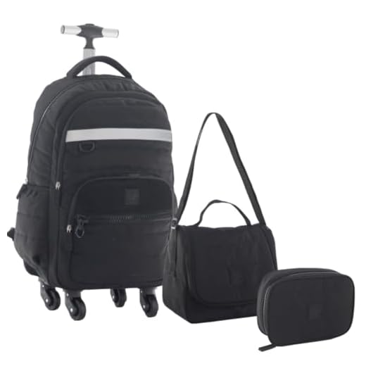 Kit Mochila Escolar Juvenil Masculino 4 Rodas 360° Desenho do Tecido Matelassê Com Lancheira Térmica e Estojo Box (PRETO)
