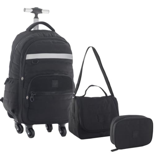 Kit Mochila Escolar Juvenil Masculino 4 Rodas 360° Desenho do Tecido Matelassê Com Lancheira Térmica e Estojo Box (PRETO)