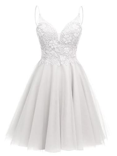 Image of Sparkly Tulle Homecoming Dresses Short Lace Prom Dresses for Teens V Neck Beaded Cocktail Dresses