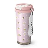 Xchearser 18oz Cute Bee Coffee Mug Travel Cups with Lid and Flip Straw, Pink Stainless Steel Insulated Tumbler Water Bottle with Strap, Gifts for Women Animal Lovers