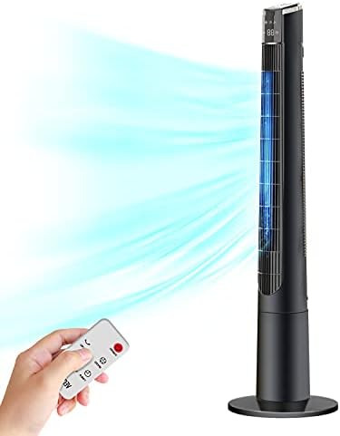 Tower Fan for Bedroom- 48'' Oscillating Fan with Remote, Cooling, Quiet, Large LED Display, 12-Hour Timer, Electric Black Standing Bladeless Fan for Whole House, Home, Office, Living Room