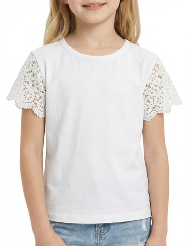 Image of Noomelfish Girls Lace Short Sleeve T-Shirts Kids Summer Cute Tops Blouse(5-12 Years)
