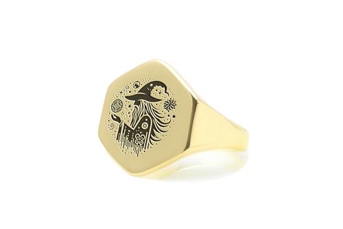 Bague de sorcier en or gravée hexagone | Bijou fantasy mixte