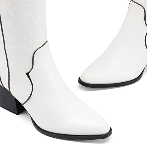 Image of DREAM PAIRS Womens Cowboy Boots Wide Calf Comfortable Pull On Zipper Chunky Heel Pointed Toe Embroidered Western Cowgirl Knee High Boots Ladies Retro Tall Boot
