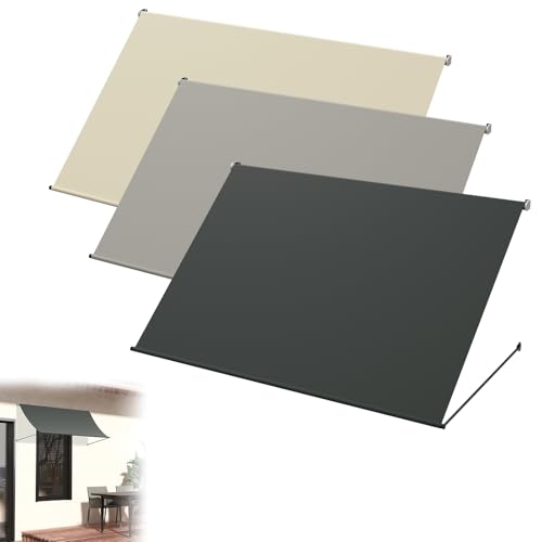 UISEBRT Markise Sonnenschutzrollo 150x143cm, Balkonbeschattung aus 180g/m² Polyestergewebe, Fallarmmarkise Aluminiumrahmen, Balkonmarkise UV-resistent, Schattenspender Fenster, Beige