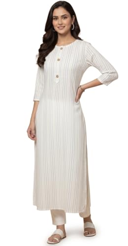 Image of Women's Off-White & Blue Striped Straight Cotton Kurta with Round Neck and Decorative Buttons