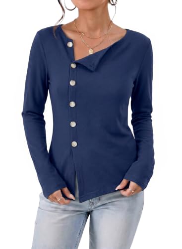 Dokotoo Women's Long Sleeve Tops Button Down Fall Shirt,Navy Blue,X-Large