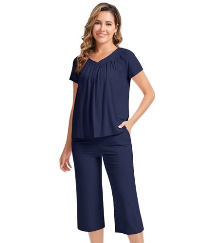 Image of NACHILA Pajamas for Women-Viscose Made from Bamboo, Short Sleeve Sleepwear Soft Capri Pants Pajama Set Pleated Loungewear