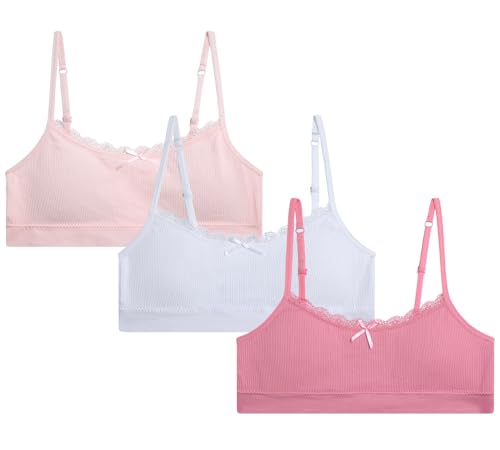 Laura Ashley Girls Training Bras - 3/6 Pack Soft Stretch Cami Bralette, Breathable Bras for Teens with Removable Pads (30-36)