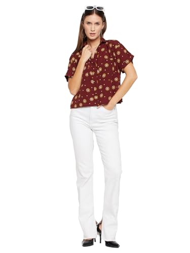 Image of Fashfun Women's Shirt (Floral Pink Crepe Top with Mandarin Collar & Full Sleeve)