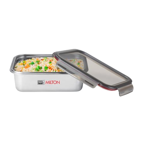 Image of MILTON New Modulo Steel Rectangular 1300 Container with lock lid|Airtight & Leakproof|Microwave & Oven safe| Light Weight | School, Office or Picnic use, 1200 ml, Silver