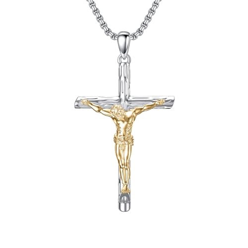 Kreuz Kette für Männer Mädchen Sterling Silber Kreuz Anhänger Kette für Jungen Glaube Kreuz Halskette Religiöser Schmuck für Herren Vater Sohn Kreuz Geschenk für Ihn (Kreuz- Gold Jesus)