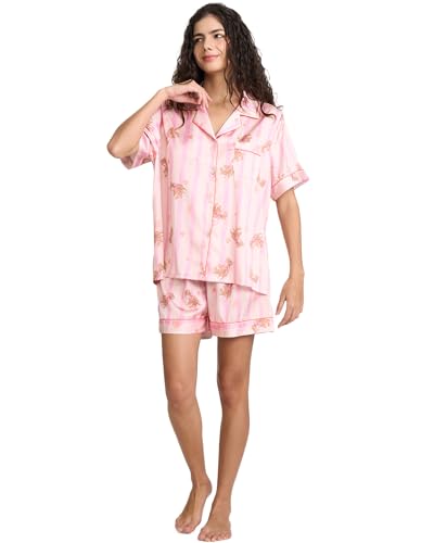 Image of YiNi LuLu Womens Silk Satin Shorts Pajamas Set Button Down 2 Piece Pjs Short Sleeve Oversized Sleepwear with Pockets