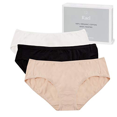 Rael/Hesta Organic Cotton Panties Underwear - Premium Fabric, Comfortable, Breathable, Soft, Safe on Sensitive Skin for Women (XSmall, White/Black/Natural)