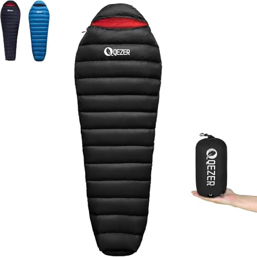 QEZER Daunenschlafsack für Erwachsene and Kind, leichte Winter Schlafsack Outdoor 8°C ~ -20°C für Camping und Bergsteigen mit 660 FP Duck Down (Schwarz, 500g Daune) QEZER Daunenschlafsack für Erwachsene and Kind, leichte Winter Schlafsack Outdoor 8°C ~ -20°C für Camping und Bergsteigen mit 660 FP Duck Down (Schwarz, 500g Daune)