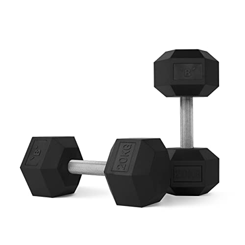 Image of BullrocK Hex Dumbbells with Fully Knurled Straight Handle for Home & Commercial Gyms Rubber Steel Dumbbell Set of 2.5kg to 50kg Pair (80kg Set (40kg x 2))