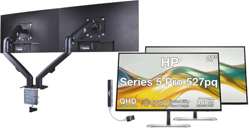Image of HP Series 5 Pro 527pq 27 inch QHD IPS Monitor with 5ms Response Time 2 Pack | 4-way adjustability, Anti-Glare, Flicker Free, VESA Mount 100mm, Displayport, HDMI, Silver /Black w /DKZ Hub & Dual Mount Arms