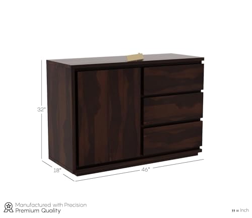 Image of Solid Sheesham Wood Walnut Finish 3 Drawer & 1 Door Chest Cabinet Storage Organizer Sideboard Console Cupboard Kitchen Buffet Unit Home Furniture for Office Living Bed & Dining Room