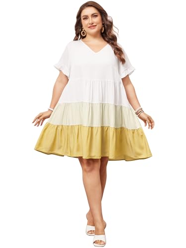 Image of Agnes Orinda Women's Plus Size Babydoll Ruffle Short Sleeve Casual Loose Flowy Swing Hem Chambray V Neck Mini Dress 4X Yellow