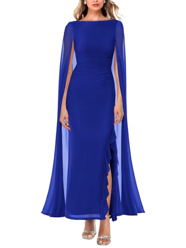 MAYFASEY Sexy Dresses for Women Date Night Chiffon Long Sleeve High Split Mesh Ruched Formal Long Evening Party Maxi Dress with Cape Blue S