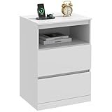 Asgolion Nachttisch, Beistelltisch mit versteckter Schublade, 2 Schubladen und 1 Offenem Fach, Modern, Für Schlafzimmer, Wohnzimmer, Einfache Montage, Weiß