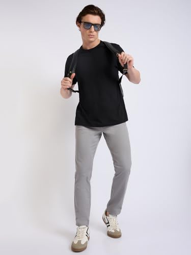 Image of Parx Men Low Rise Tapered Fit Solid Pattern Cotton Blend Flat Front Casual Trouser