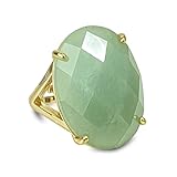 Green Aventurine Ring, Gold Plated Natural Aventurine Crystal Rings for Women, Dainty Statement Big Oval Green Stone Ring Appro Size 9 (Green Aventurine)