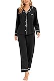 LUBOT Women's Pajamas Set Cotton PJ Set for Women Long Sleeve Button-Down Shirt PJ Pants Two-piece S